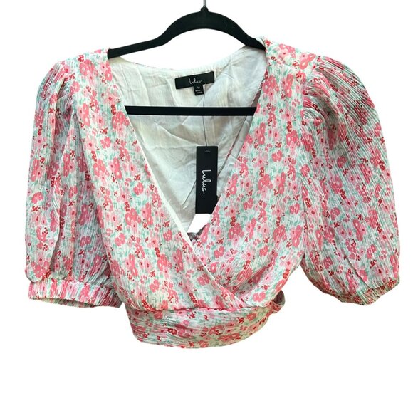 NWT Lulus Floral Puff Sleeve Wrap‎ Crop Top With Back Tie Detail Summer Spring M - Picture 1 of 10
